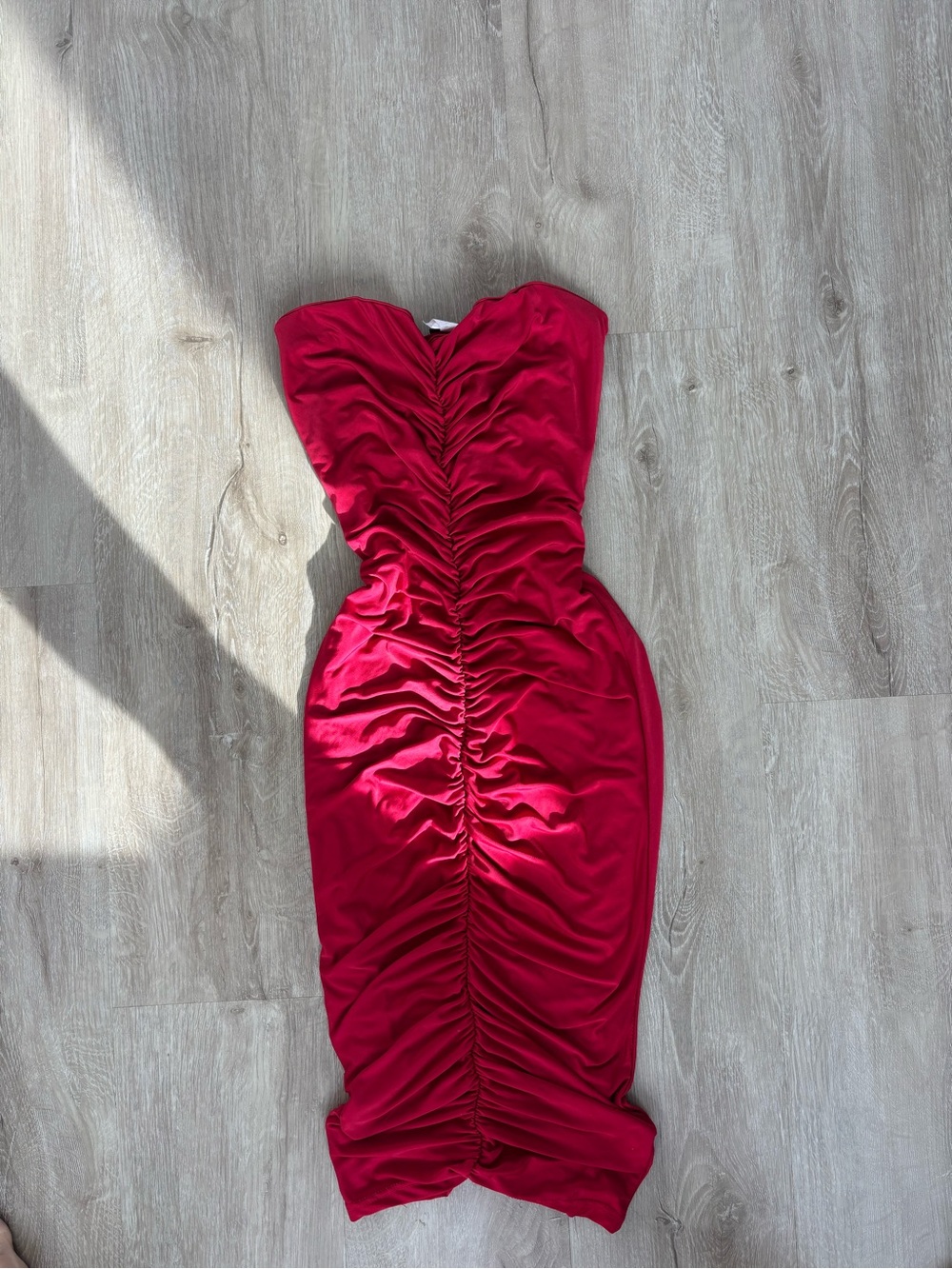 Fashion Nova Strapless Ruched Red Midi Dress